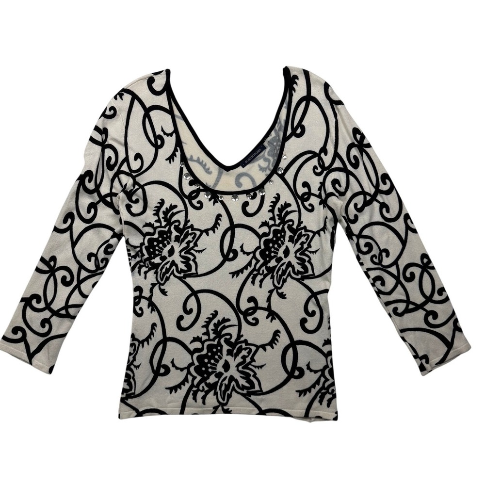 Y2K Boston Proper Black Ivory Flocked Floral Rhinestone V Neck Top M
